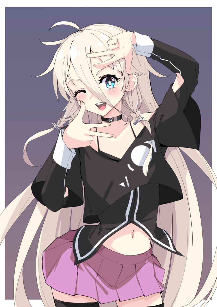 1girl ;d ahoge arm_up black_choker black_jacket black_shirt black_thighhighs blonde_hair blue_eyes blush braid cevio choker collarbone commentary contrapposto double_w finger_frame hand_up highres ia_(vocaloid) jacket layered_sleeves long_hair long_sleeves looking_at_viewer midriff navel one_eye_closed pink_skirt pleated_skirt shirt short_over_long_sleeves short_sleeves skirt smile solo thigh-highs very_long_hair vocaloid w wide_sleeves zooanime