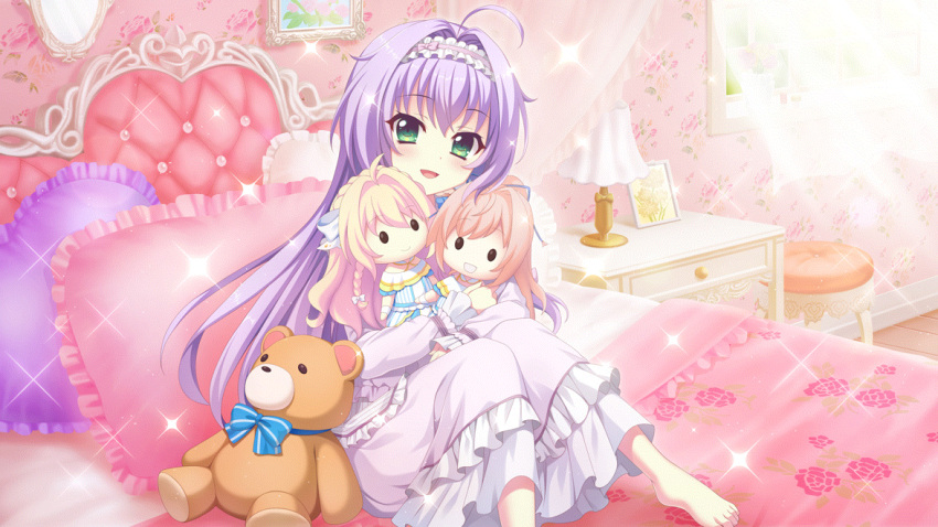 1girl ahoge barefoot bedroom blue_bow bow character_doll curtains day dot_nose film_grain floral_print frilled_hairband frilled_pajamas frills game_cg green_eyes hair_intakes hairband heart heart_pillow himura_nagisa hokaze_kanade hugging_doll hugging_object indoors izumi_tsubasu lamp long_sleeves looking_at_viewer nightstand non-web_source official_art on_bed open_mouth pajamas picture_frame pillow print_bed_sheet purple_hair purple_hairband purple_pajamas re:stage! shiratori_amaha_(re:stage!) sitting smile solo sparkle stool stuffed_animal stuffed_toy sunlight teddy_bear wallpaper_(object) window wooden_floor