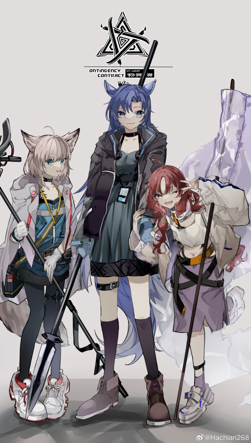 3girls a_chxoblc absurdres ahoge animal_ears ankle_boots arknights black_footwear black_jacket black_pantyhose black_shorts black_socks blue_eyes blue_hair blue_shirt boots breasts brown_hair cape chinese_commentary commentary_request crop_top cross fang_(arknights) flag fox_ears full_body gloves green_eyes grey_background grey_skirt hand_up highres holding holding_another's_arm holding_flag holding_polearm holding_staff holding_weapon hood hooded_cape horse_ears horse_girl jacket kneehighs long_hair looking_at_viewer medium_breasts medium_hair midriff mixed-language_commentary multiple_girls myrtle_(arknights) one_eye_closed open_mouth pantyhose pointy_ears polearm red_cross redhead shadow shirt shoes shorts simple_background skirt smile sneakers socks spear staff standing standing_on_one_leg sussurro_(arknights) teeth thigh_strap upper_teeth_only v weapon weibo_username white_cape white_flag white_footwear white_gloves white_jacket white_shirt