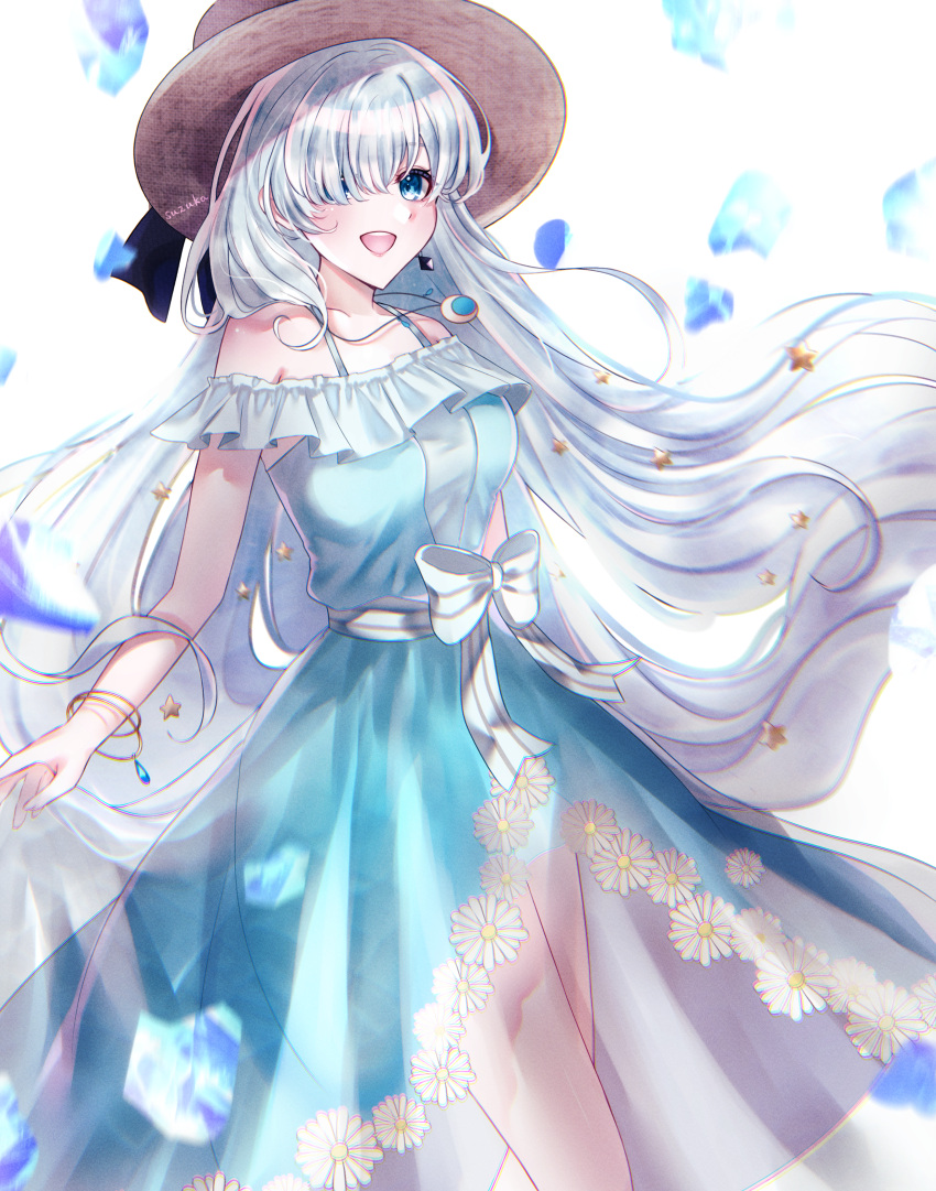 1girl absurdres anastasia_(fate) bare_shoulders blue_dress blue_eyes blush breasts collarbone dress fate/grand_order fate_(series) grey_hair hair_over_one_eye highres ice jewelry large_breasts long_hair looking_at_viewer open_mouth que_hua ribbon smile solo thigh-highs very_long_hair white_background white_hair