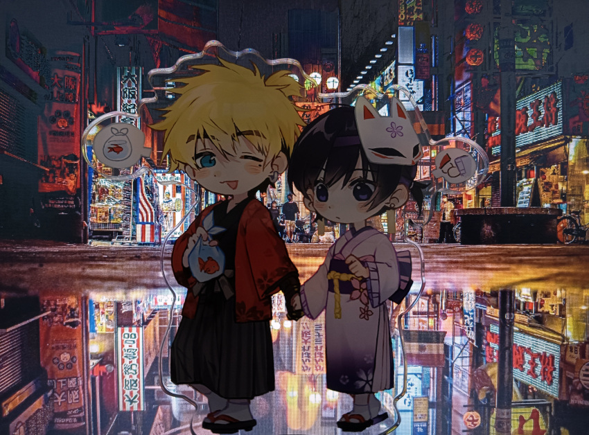 absurdres blue_eyes blush_stickers chibi closed_mouth couple earrings fish highres holding_hands japanese_clothes jewelry kimono linzhi0331 meryl_stryfe mole mole_under_eye single_earring tongue tongue_out trigun vash_the_stampede water white_kimono