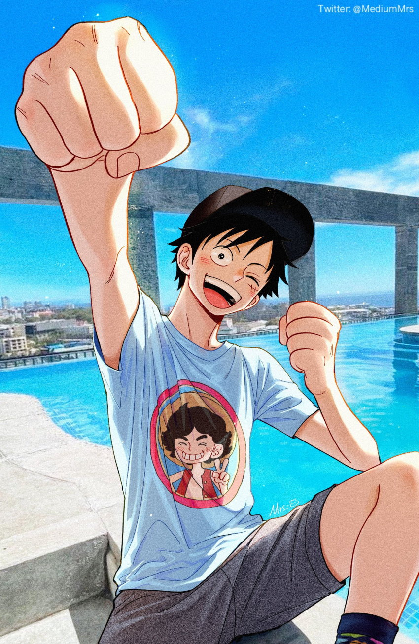1boy alternate_costume artist_name baseball_cap black_hair black_headwear blush clenched_hands commentary english_commentary hat highres male_focus monkey_d._luffy mrs.custard one_eye_closed one_piece open_mouth outdoors photo_background scar scar_on_cheek scar_on_face short_hair signature sitting smile solo teeth
