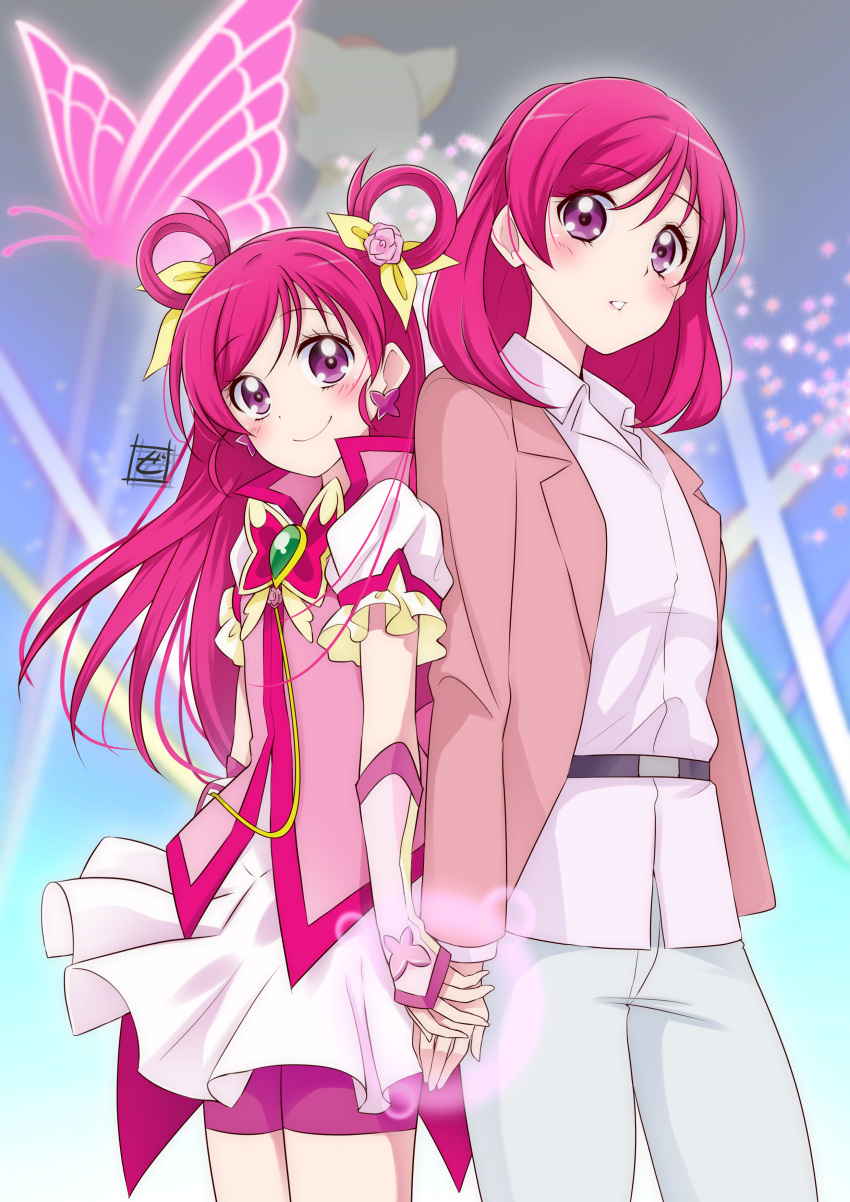 2girls absurdres artist_logo back-to-back back_bow bike_shorts bike_shorts_under_skirt blazer blouse blurry blurry_background bow bug butterfly butterfly_brooch butterfly_earrings closed_mouth coco_(yes!_precure_5) collared_shirt commentary_request cure_dream depth_of_field earrings frilled_sleeves frills gloves glowing_butterfly hair_ribbon half_gloves highres holding_hands jacket jewelry kibou_no_chikara_~otona_precure_'23~ light_particles light_rays long_hair looking_at_viewer magical_girl medium_hair miniskirt multiple_girls pants parted_lips partial_commentary pink_bow pink_hair pink_jacket pink_shorts popped_collar precure puffy_short_sleeves puffy_sleeves ribbon shirt short_sleeves shorts skirt smile standing time_paradox two_side_up violet_eyes white_gloves white_pants white_shirt white_skirt yellow_ribbon yes!_precure_5 yes!_precure_5_gogo! yumehara_nozomi zero-theme