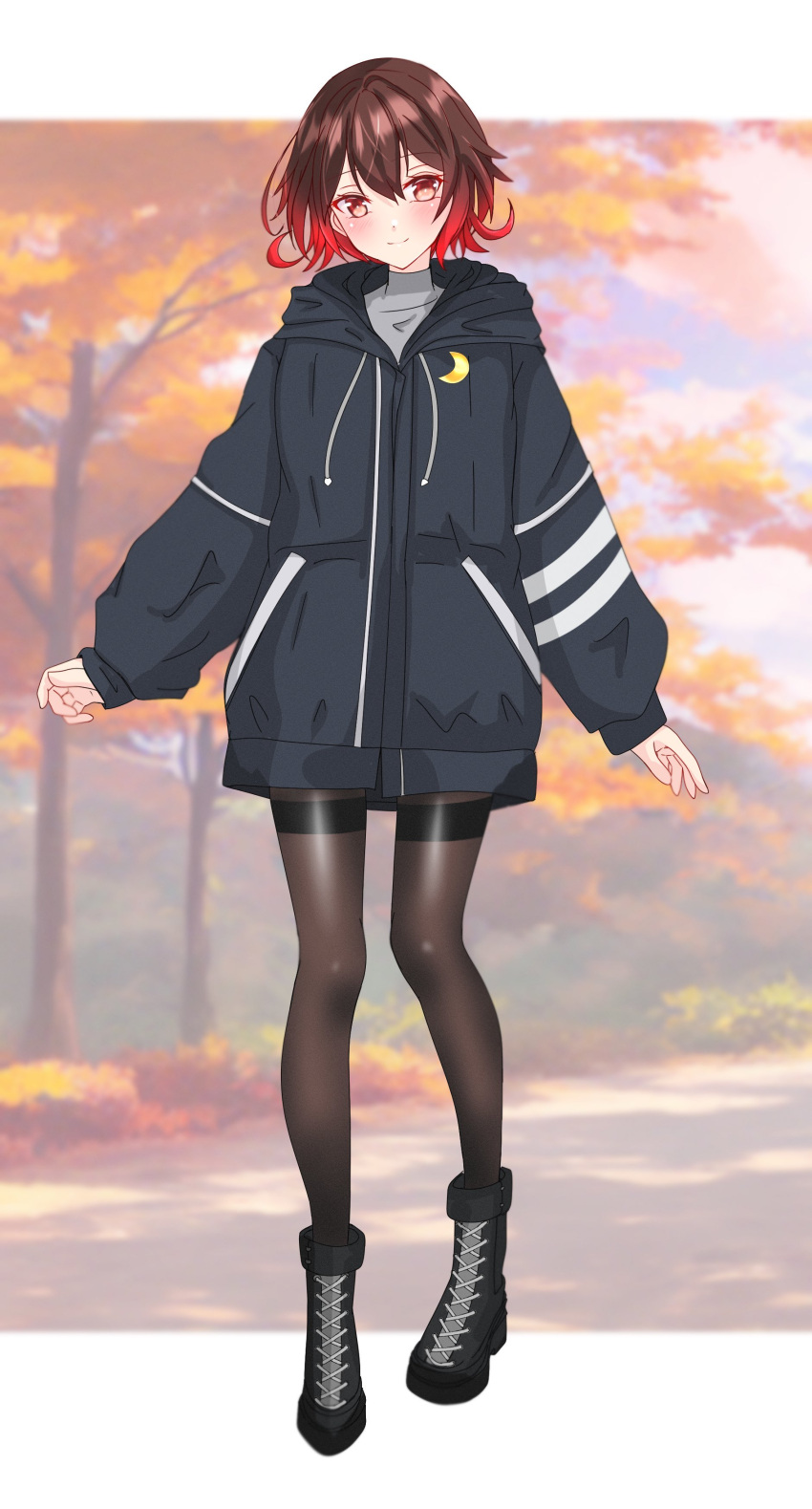 1girl absurdres alternate_costume autumn_leaves black_footwear black_jacket black_pantyhose boots brown_hair crescent crescent_pin cross-laced_footwear gradient_hair grey_sweater highres hood hooded_jacket jacket kantai_collection lace-up_boots messy_hair multicolored_hair mutsuki_(kancolle) nitamako_(sakamalh) pantyhose redhead short_hair solo sweater tree