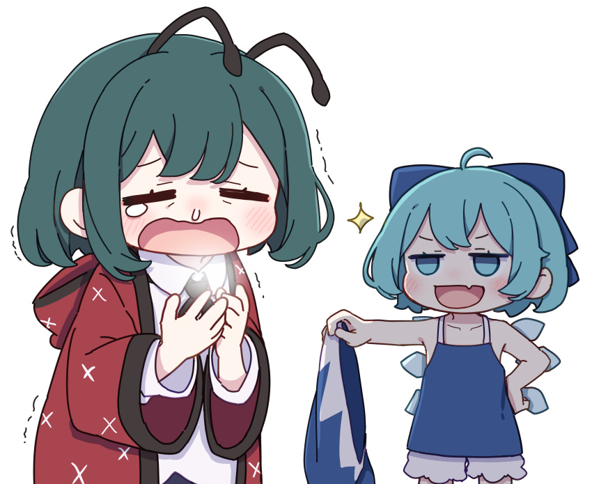 2girls absurdres antennae blue_bow blue_dress blue_eyes blue_hair blush bow cirno closed_eyes collarbone collared_shirt detached_wings dress fairy green_hair hair_bow highres ice ice_wings kame_(kamepan44231) long_sleeves multiple_girls open_mouth runny_nose shirt short_hair simple_background snot touhou white_background white_shirt wide_sleeves wings wriggle_nightbug