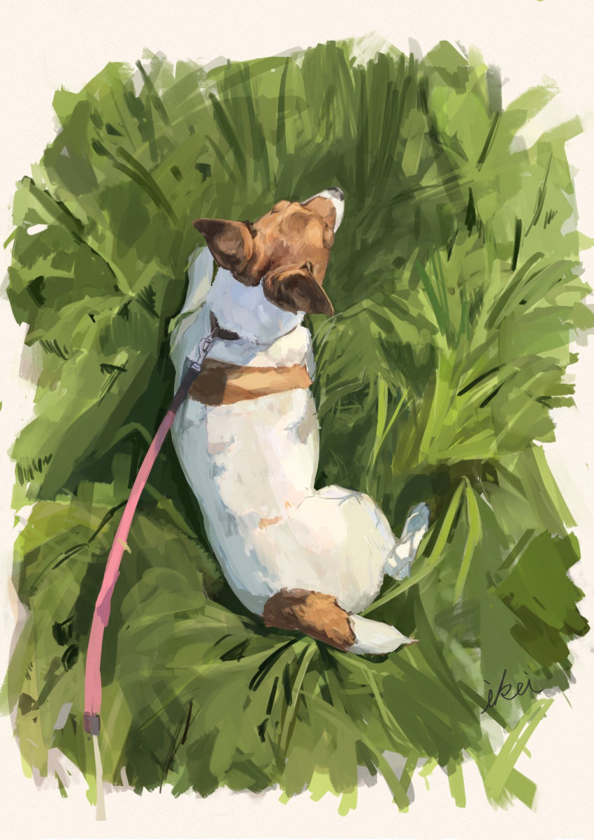 animal_focus artist_name border collar commentary day dog english_commentary from_above full_body grass highres ikei leash lying no_humans on_ground on_stomach original outdoors signature