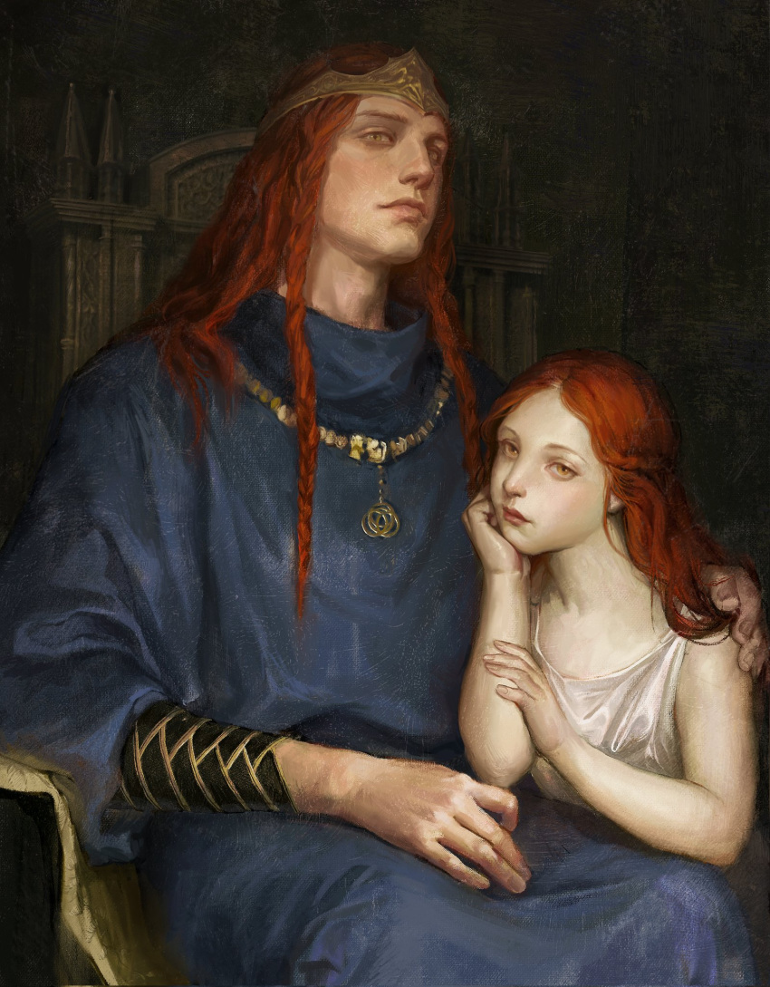1boy 1girl blue_robe bracer braid crown dress elden_ring father_and_daughter gold_diadem gold_necklace hand_on_another's_shoulder hand_on_lap hand_on_own_arm hand_on_own_chin head_back highres jewelry long_hair looking_at_viewer malenia_blade_of_miquella multiple_braids necklace on_chair pale_skin parent_and_child radagon_of_the_golden_order redhead robe sideways_glance sitting sleeveless sleeveless_dress sleeves_rolled_up the_old_crane throne white_dress yellow_eyes