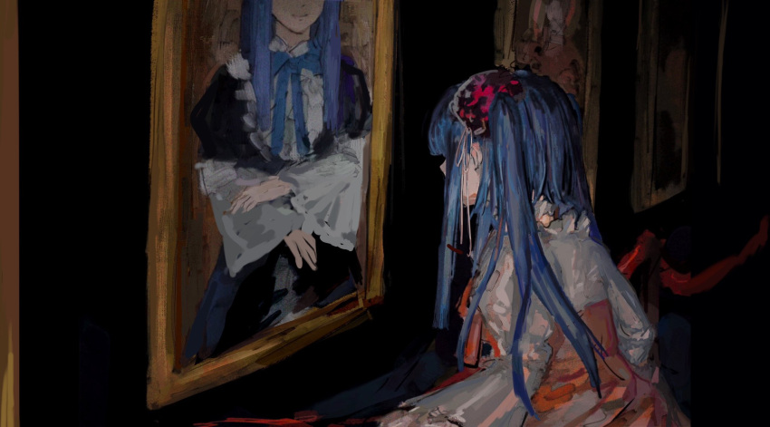 ashashio blue_hair blunt_bangs dress facing_object furudo_erika highres long_hair long_sleeves painting_(object) umineko_no_naku_koro_ni