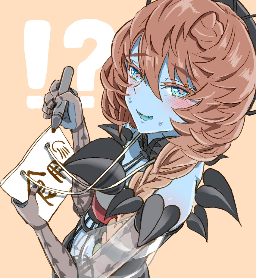 !? 1girl bare_shoulders black_dress black_headwear blue_eyes blue_skin blue_tongue blush braid brown_hair clothing_cutout colored_skin colored_tongue crown_braid dress fang fate/grand_order fate_(series) hat heart heart_print highres holding holding_marker jellyfish_print looking_at_viewer marker navel navel_cutout open_mouth orange_background red_pupils see-through see-through_sleeves shimogamo_(shimomo_12) side_braid smile solo sweatdrop teeth van_gogh_(fate) van_gogh_(second_ascension)_(fate)