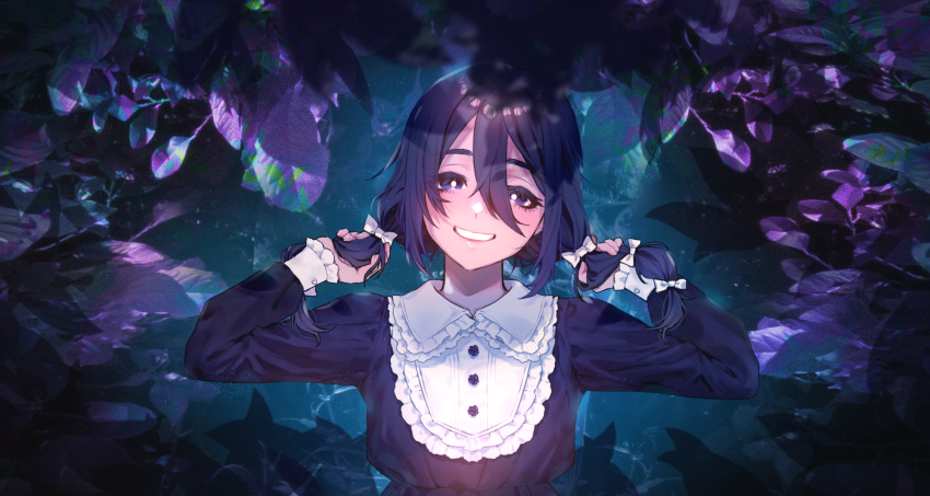1girl black_eyes black_hair bow buttons collar collared_dress commission dress floral_background frilled_collar frills hair_between_eyes hair_bow highres holding_own_hair long_hair long_sleeves looking_at_viewer multiple_hair_bows nikubou_maranoshin sidelocks skeb_commission sleeve_cuffs smile solo ukagaka upper_body white_bow yume_nikki_(ukagaka)