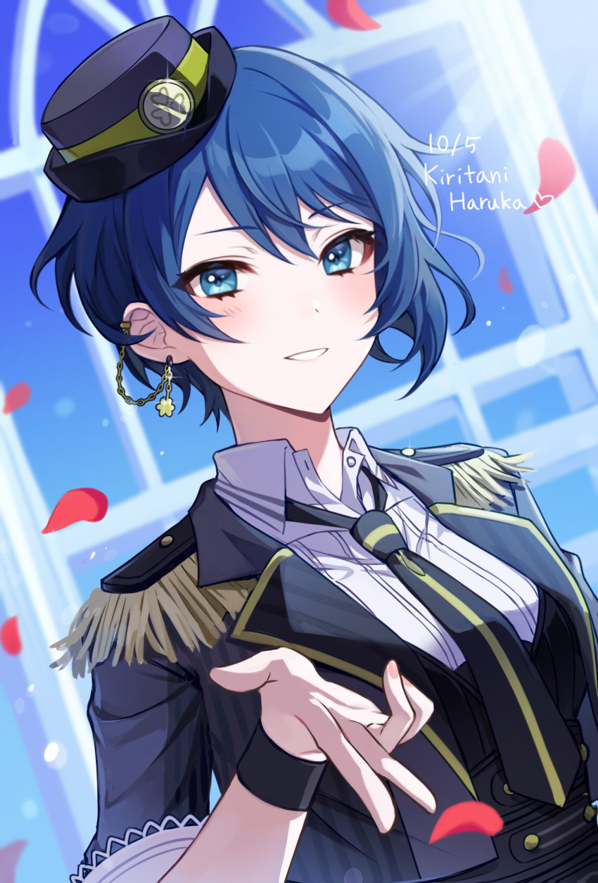 1girl black_headwear blue_eyes blue_hair breasts character_name clover_print collared_shirt commentary_request dated ear_chain epaulettes fingernails heart highres kheng_(k_heng1223) kiritani_haruka lapels looking_at_viewer necktie notched_lapels open_collar petals project_sekai shirt short_hair smile solo teeth