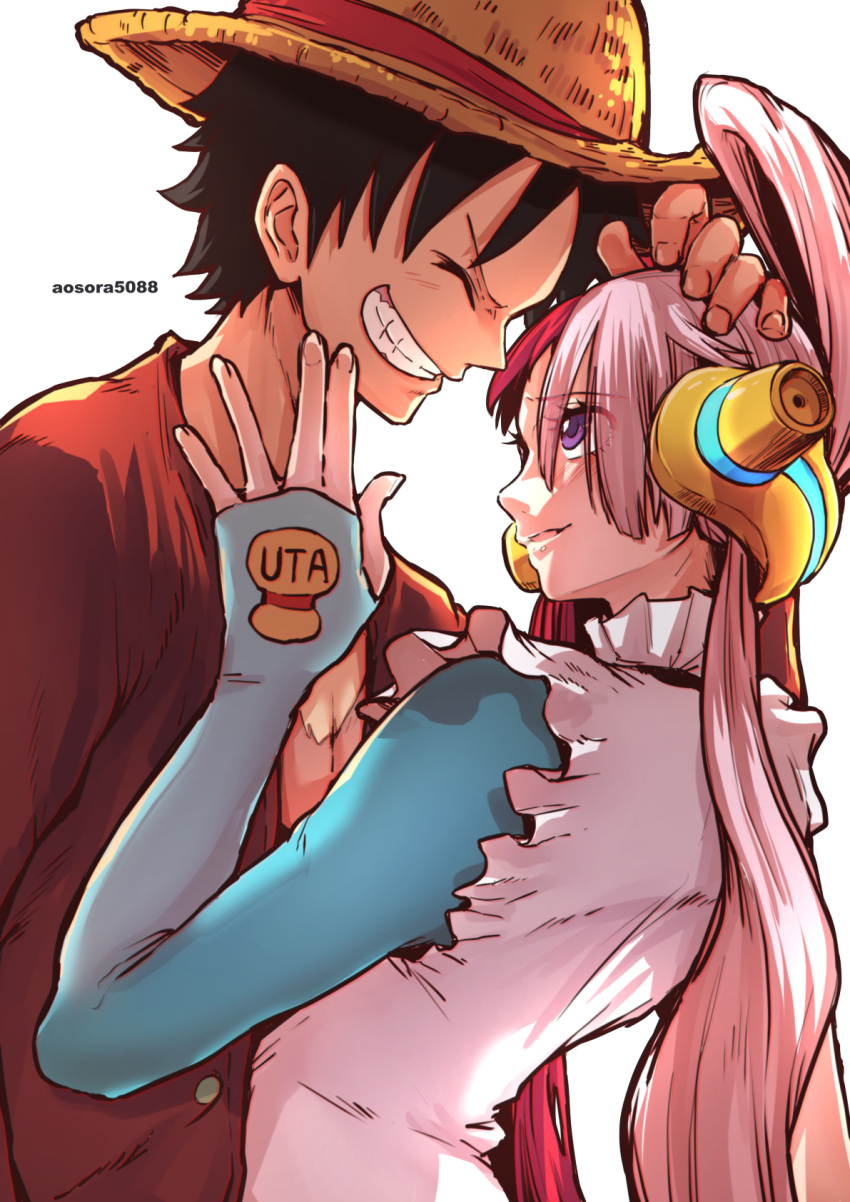 1boy 1girl ^_^ aosora2823 artist_name black_hair closed_eyes dress facing_another gloves grin hair_rings hand_on_another's_head hat headphones hetero highres looking_at_another monkey_d._luffy one_piece one_piece_film:_red open_clothes open_shirt pink_hair profile red_shirt redhead scar scar_on_chest shirt simple_background single_glove smile straw_hat twintails upper_body uta_(one_piece) violet_eyes white_background white_dress