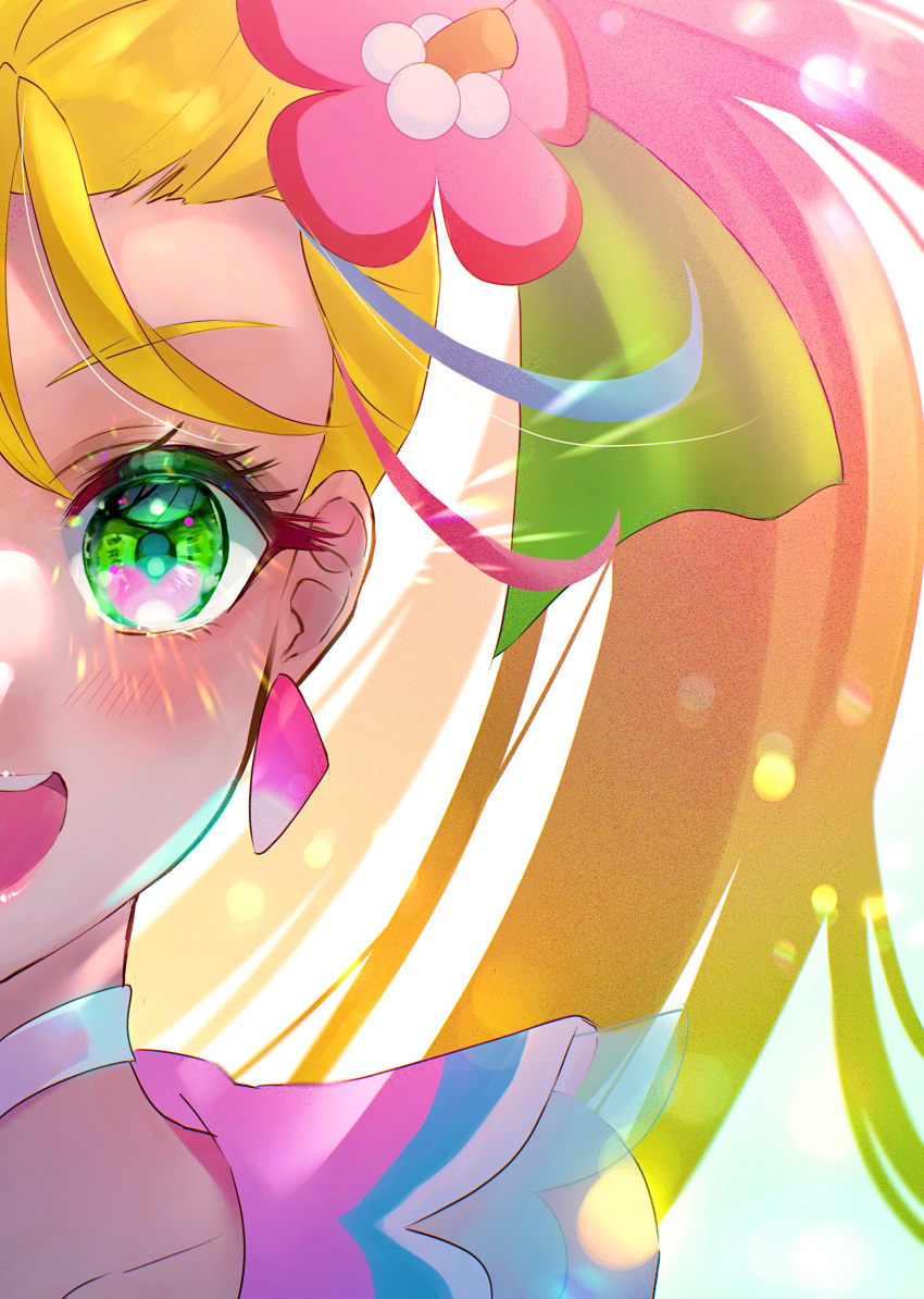 :d absurdres blonde_hair choker cure_summer earrings eyelashes floating_hair flower gradient_hair green_eyes hair_flower hair_ornament head_out_of_frame hibiscus highres jewelry long_hair looking_at_viewer minccino7 multicolored_hair natsuumi_manatsu pink_flower pink_hair portrait precure sailor_collar smile tropical-rouge!_precure white_choker