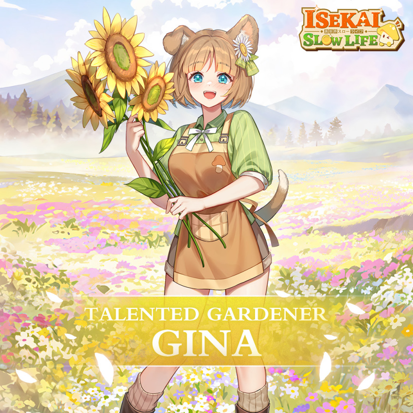 1girl alternate_costume animal_ears apron artist_request blue_eyes blue_sky blush bow brown_apron brown_hair brown_shorts brown_socks character_name clouds cloudy_sky coin colored_text dog_ears dog_girl dog_tail field flower flower_field fog gina_(isekai:_slow_life) green_shirt hair_flower hair_ornament holding holding_flower isekai:_slow_life leaf logo mountain mushroom nose_blush official_alternate_costume one_eye_closed open_mouth outdoors pocket ribbed_socks ribbon shirt short_hair shorts sky smile socks sparkle sunflower tail teeth tree upper_teeth_only white_bow white_flower white_ribbon yellow_flower