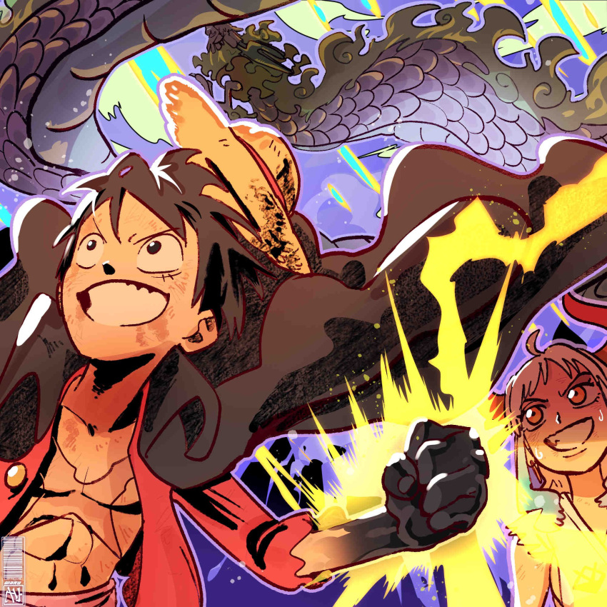 1girl 2boys alternate_form black_cape black_hair cape clenched_hand dragon dragon_horns earrings english_commentary hat highres horns jewelry long_hair momonosuke_(one_piece) monkey_d._luffy multicolored_hair multicolored_horns multiple_boys one_piece oni oni_horns open_clothes red_shirt scar scar_on_cheek scar_on_chest scar_on_face shirt short_hair signature smile straw_hat taku_(aywakutakuay) teeth v-shaped_eyebrows yamato_(one_piece)