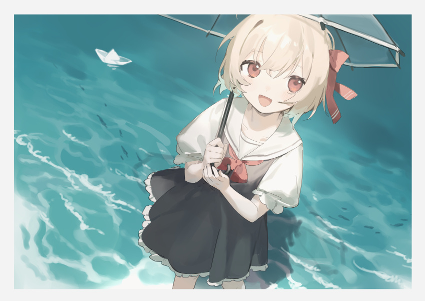 1girl absurdres adapted_costume black_dress blonde_hair collarbone dress highres holding holding_umbrella ocean open_mouth puffy_short_sleeves puffy_sleeves red_eyes rumia sailor_collar sailor_dress sh_(shinh) short_hair short_sleeves smile solo touhou umbrella upper_body water white_sailor_collar