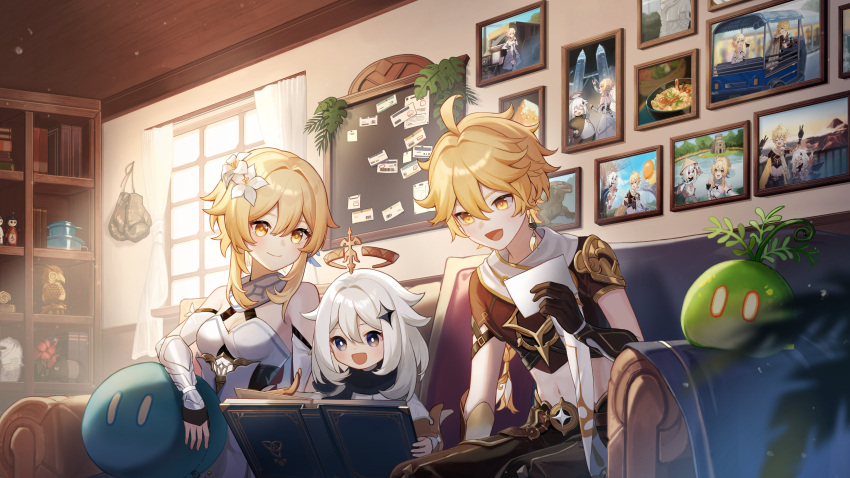 1boy 2girls absurdres aether_(genshin_impact) bare_shoulders black_gloves blonde_hair blue_eyes braid breasts couch crop_top curtains dress earrings flower genshin_impact gloves hair_between_eyes hair_flower hair_ornament halo highres jewelry kino_(m6t2a) long_hair long_sleeves lumine_(genshin_impact) midriff multiple_girls navel open_mouth paimon_(genshin_impact) scarf short_hair slime_(genshin_impact) smile stomach stuffed_toy white_dress white_hair window yellow_eyes