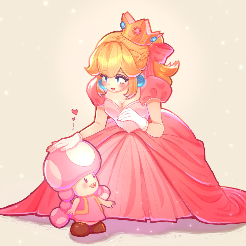 2girls absurdres blonde_hair blue_eyes bow crown dress earrings gloves hair_bow headpat heart highres jewelry long_hair multiple_girls mushroom_bread open_mouth pink_bow pink_dress pink_vest ponytail princess_peach puffy_short_sleeves puffy_sleeves short_sleeves simple_background sphere_earrings super_mario_bros. toadette vest white_gloves