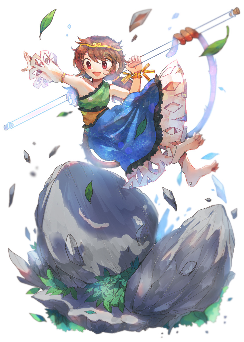 1girl barefoot blue_dress brown_hair circlet detached_sleeves dress falling_leaves full_body green_dress highres itomugi-kun leaf long_hair low_twintails monkey_tail multicolored_clothes multicolored_dress open_mouth red_eyes rock simple_background single_detached_sleeve smile solo son_biten tail test_tube touhou twintails white_background yellow_dress