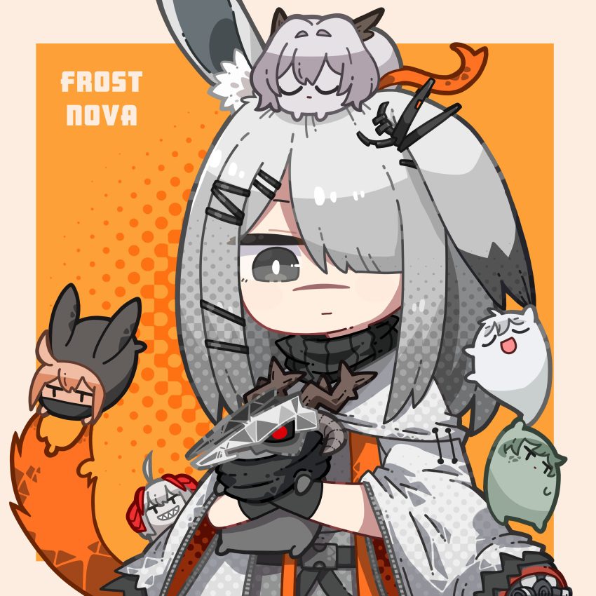 1girl :d absurdres animal_ears arknights black_gloves border character_name chibi cloak closed_eyes commentary crownslayer_(arknights) dog-san dragon_bubble_(arknights) dress english_commentary faust_(arknights) frostnova_(arknights) gloves grey_eyes grey_hair hair_over_one_eye highres long_hair looking_down mephisto_(arknights) open_mouth orange_hair patriot_(arknights) rabbit_ears scar scar_on_face scar_on_nose sharp_teeth smile talulah_(arknights) teeth u_u upper_body w_(arknights) white_cloak white_dress |_|