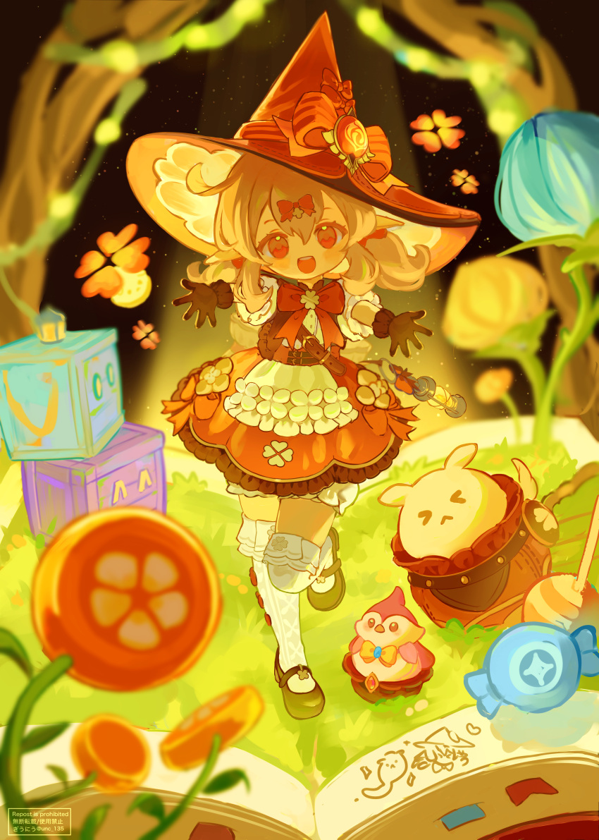 1girl absurdres bird black_footwear black_gloves book bow bowtie box candy dodoco_(genshin_impact) dress food frills genshin_impact gloves grass gyuunyuu_(unc_135) hat hat_ornament highres jumpy_dumpty klee_(blossoming_starlight)_(genshin_impact) klee_(genshin_impact) lantern loli looking_at_viewer multicolored_clothes multicolored_dress over-kneehighs pointy_ears red_bow red_bowtie red_headwear socks thigh-highs vision_(genshin_impact) white_socks witch_hat
