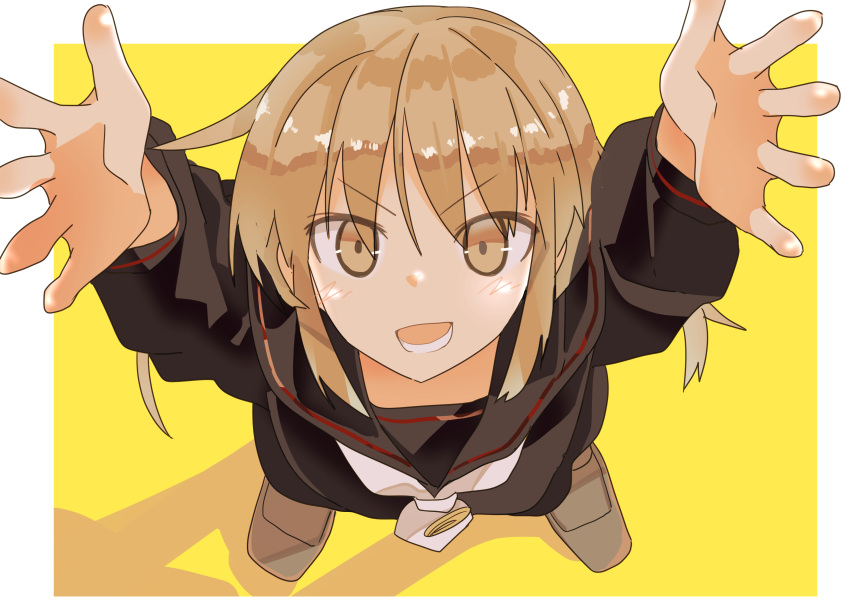 1girl absurdres arms_up black_serafuku blonde_hair crescent crescent_pin haida_katsuretsu highres kantai_collection long_hair looking_at_viewer looking_up low_twintails neckerchief satsuki_(kancolle) school_uniform serafuku solo standing twintails white_neckerchief yellow_background yellow_eyes