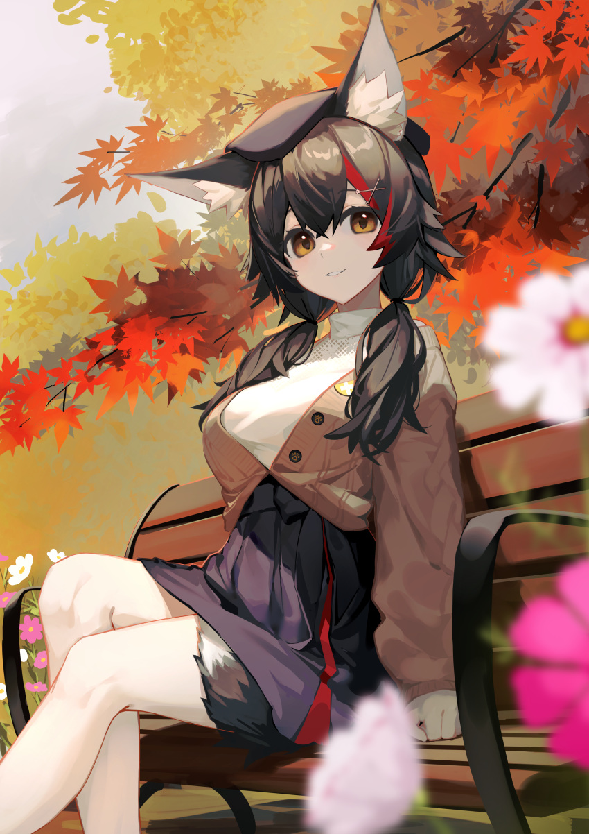 1girl absurdres animal_ear_fluff animal_ears autumn_leaves bench beret black_hair black_headwear black_skirt brown_cardigan brown_eyes buttons cardigan cine_(wazd0183) feet_out_of_frame flower grey_sky hair_between_eyes hair_ornament hat high-waist_skirt highres hololive long_hair long_sleeves looking_at_viewer low_twintails multicolored_hair ookami_mio open_cardigan open_clothes outdoors paid_reward_available pink_flower redhead shirt sitting skirt sky smile streaked_hair twintails virtual_youtuber white_shirt wolf_ears wolf_girl x_hair_ornament