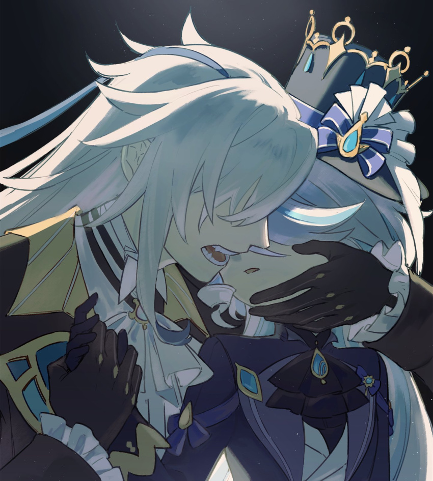1boy 1girl ascot black_ascot black_gloves blue_bow blue_coat blue_hair blue_headwear bow coat crown de_xiang_ge_banfa_zhao_dian_fan_chi fangs frilled_sleeves frills furina_(genshin_impact) genshin_impact gloves hand_on_another's_cheek hand_on_another's_face hat hat_bow hetero highres holding_hands light_particles long_hair long_sleeves multicolored_hair neuvillette_(genshin_impact) open_mouth parted_lips sidelocks streaked_hair top_hat upper_body very_long_hair white_ascot white_hair