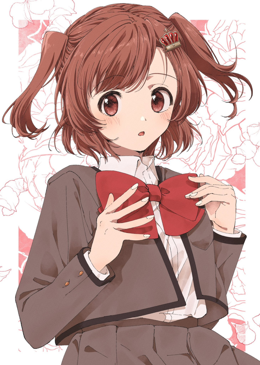 1girl aijou_karen blush bow bowtie brown_eyes brown_hair collared_shirt crown_hair_ornament fingernails floral_background grey_jacket grey_skirt hair_ornament hairclip hands_up high-waist_skirt highres jacket long_sleeves looking_at_viewer nori_(cheiwbciwkxbdjr) open_clothes open_jacket parted_lips pleated_skirt red_background red_bow red_bowtie school_uniform seishou_music_academy_uniform shirt shirt_tucked_in short_hair shoujo_kageki_revue_starlight skirt solo swept_bangs two-tone_background two_side_up upper_body white_background white_shirt