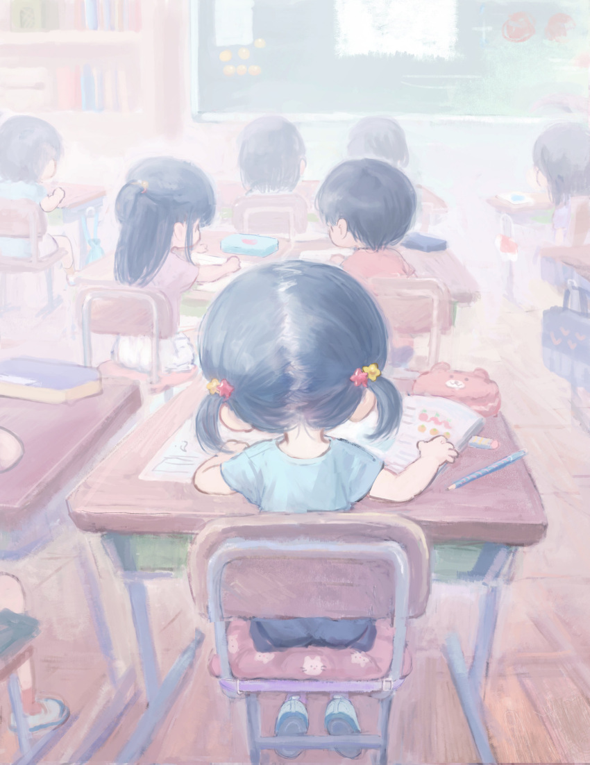 1boy 3others 4girls absurdres arikomen black_hair black_skirt blue_shirt book chair chalkboard child classroom desk eraser facing_away from_behind hair_ornament half_updo highres indoors long_hair multiple_girls multiple_others open_book original pale_color parted_hair pencil pencil_case pink_shirt school_chair school_desk shirt shoes short_hair short_sleeves short_twintails sitting skirt twintails uwabaki white_skirt