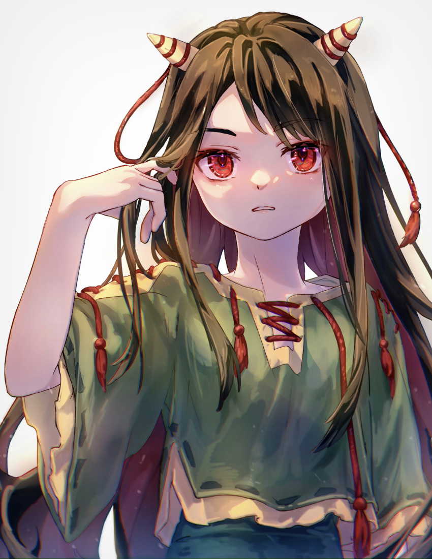 1girl absurdres black_hair green_shirt highres horns long_hair looking_at_viewer nippaku_zanmu oni_horns open_mouth red_eyes shirt short_sleeves simple_background solo tarutsu touhou upper_body white_background wide_sleeves