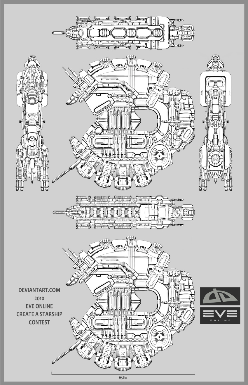 absurdres blueprint_(medium) commentary concept_art copyright_name dated eve_online from_side greyscale highres lineart logo military_vehicle monochrome multiple_views original reference_sheet science_fiction spacecraft tomacmuni vehicle_focus