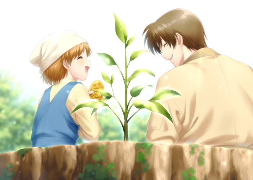 1boy 1girl :d aizawa_yuuichi blue_overalls blurry blush brown_hair closed_eyes day depth_of_field facing_another food from_behind happy hat highres holding holding_food jacket kanon leaf long_sleeves non-web_source open_mouth orange_hair outdoors overalls revision seedling shirt short_hair sitting smile sparkle spoilers taiyaki teeth tsukimiya_ayu upper_body upper_teeth_only wagashi white_headwear yellow_shirt zen_(kamuro)