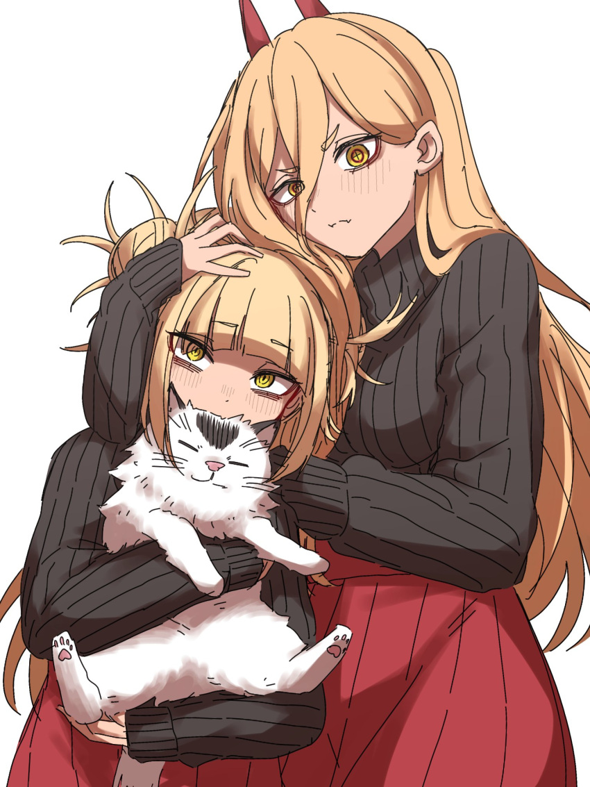 2girls animal black_sweater blonde_hair blunt_bangs boku_no_hero_academia breasts cat chainsaw_man closed_mouth covered_mouth cross-shaped_pupils crossover demon_horns fangs ginjaeru hair_between_eyes hand_on_another's_head height_difference highres holding holding_animal holding_cat horns long_hair long_sleeves looking_at_viewer matching_outfits medium_breasts multiple_girls pleated_skirt power_(chainsaw_man) red_horns red_skirt ribbed_sweater simple_background skin_fangs skirt sweater symbol-shaped_pupils toga_himiko turtleneck turtleneck_sweater upper_body white_background yellow_eyes
