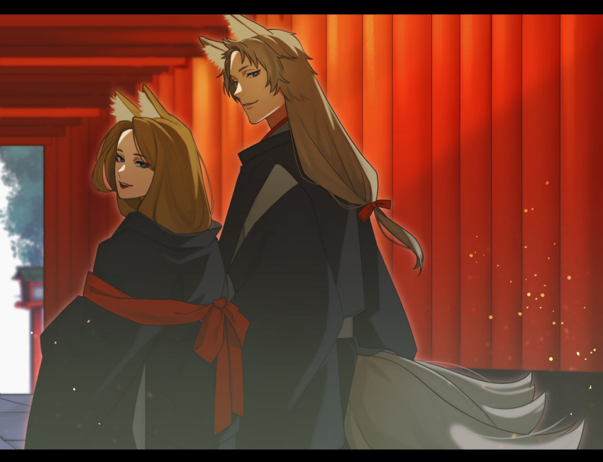 1600pommsky 1boy 1girl animal_ear_fluff animal_ears aqua_eyes black_jacket brother_and_sister brown_hair cowboy_shot fox_boy fox_ears fox_girl fox_tail hair_ribbon haori highres jacket japanese_clothes lantern light_particles long_hair looking_at_viewer looking_back low-tied_long_hair multiple_tails multiple_torii original parted_bangs parted_lips red_eyeliner red_lips red_ribbon ribbon siblings smile tail torii tree wooden_lantern