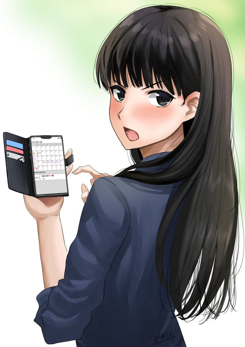 1girl amagami ayatsuji_tsukasa black_eyes black_hair blue_shirt blush calendar_(object) cellphone from_behind highres holding holding_phone long_hair looking_at_viewer looking_back mori_heichi open_mouth partially_translated phone shirt signature smartphone solo straight_hair translation_request