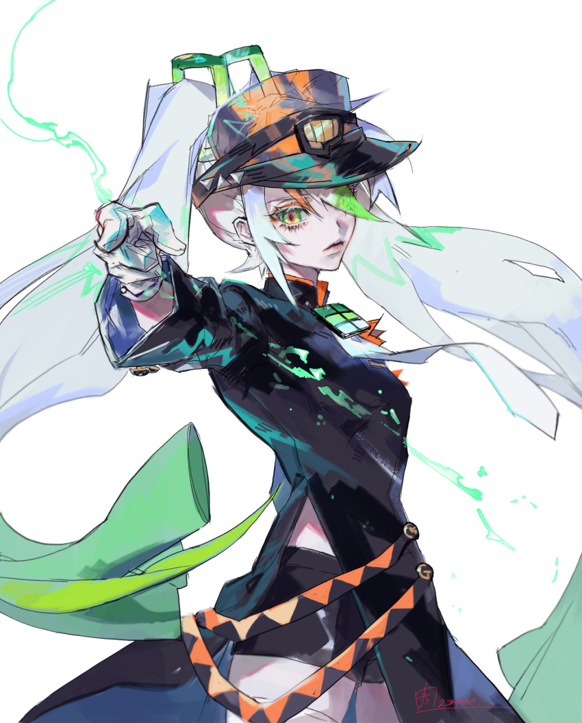 1girl akame_(chokydaum) black_dress black_shorts closed_mouth commentary_request cowboy_shot dress eyeshadow fighting_miku_(project_voltage) foreshortening gloves green_eyes green_hair hair_between_eyes hair_over_one_eye hatsune_miku highres jojo_no_kimyou_na_bouken jojo_pose korean_commentary long_hair long_sleeves looking_at_viewer makeup multicolored_hair necktie orange_eyeshadow orange_hair pointing pointing_at_viewer pokemon project_voltage shorts simple_background smoke solo standing streaked_hair thigh-highs twintails very_long_hair visor_cap vocaloid white_background white_gloves white_hair white_necktie white_thighhighs