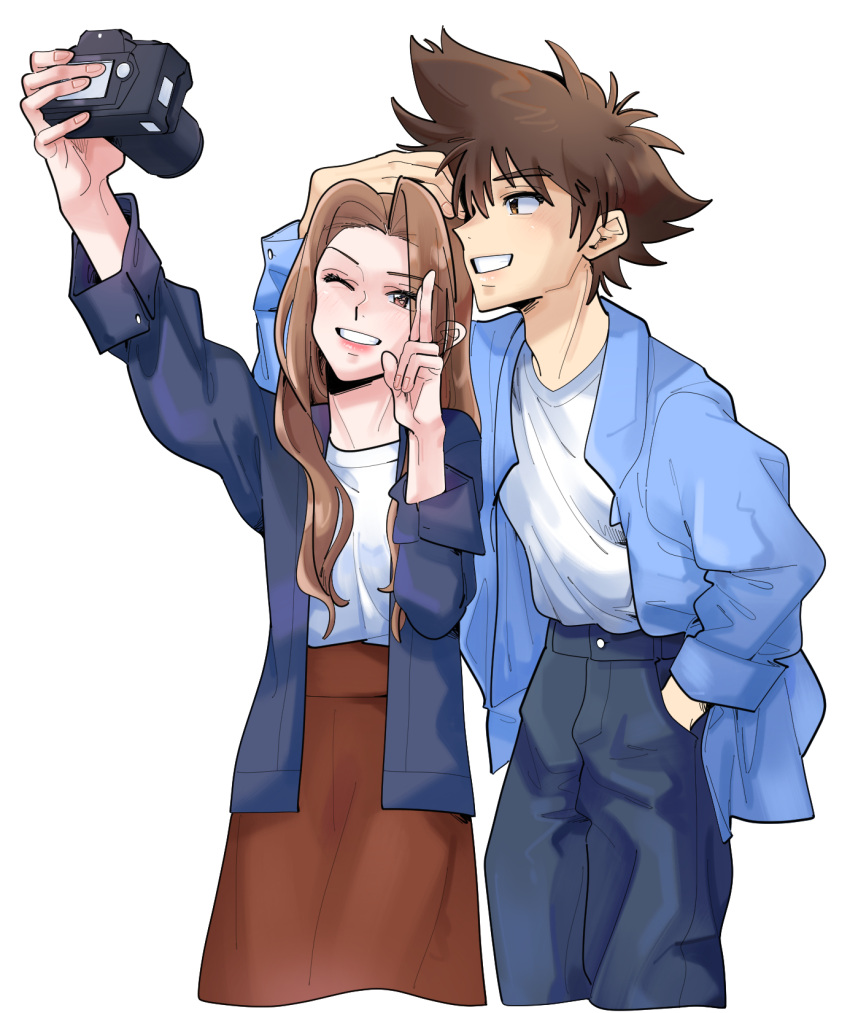 1boy 1girl blue_jacket blue_pants brown_eyes brown_hair brown_skirt camera couple digimon gelato_ss1 grin hand_in_pocket hand_on_another's_head highres holding holding_camera jacket long_hair one_eye_closed open_clothes open_jacket pants shirt short_hair simple_background skirt smile tachikawa_mimi white_background white_shirt yagami_taichi