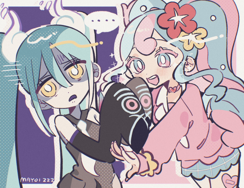 ... 2girls :d annoyed artist_name averting_eyes black_sleeves blue_eyes blue_hair blue_skirt blush border choker colored_eyelashes commentary curly_hair detached_sleeves fairy_miku_(project_voltage) flower frown ghost_miku_(project_voltage) grey_shirt hair_between_eyes hair_flower hair_ornament hatsune_miku heart heart_choker highres long_hair long_sleeves mayoi_zzz miniskirt multicolored_hair multiple_girls nail_polish neckerchief necktie open_mouth outstretched_arms pale_skin pink_choker pink_hair pink_nails pink_sweater plaid plaid_skirt pokemon print_sleeves project_voltage pushing_away red_flower scrunchie shaded_face shirt sidelocks skirt sleeveless sleeveless_shirt sleeves_past_fingers sleeves_past_wrists smile spoken_ellipsis sweater symbol-only_commentary twintails two-tone_hair very_long_hair vocaloid white_neckerchief white_necktie wrist_scrunchie yellow_eyes yellow_flower yellow_scrunchie
