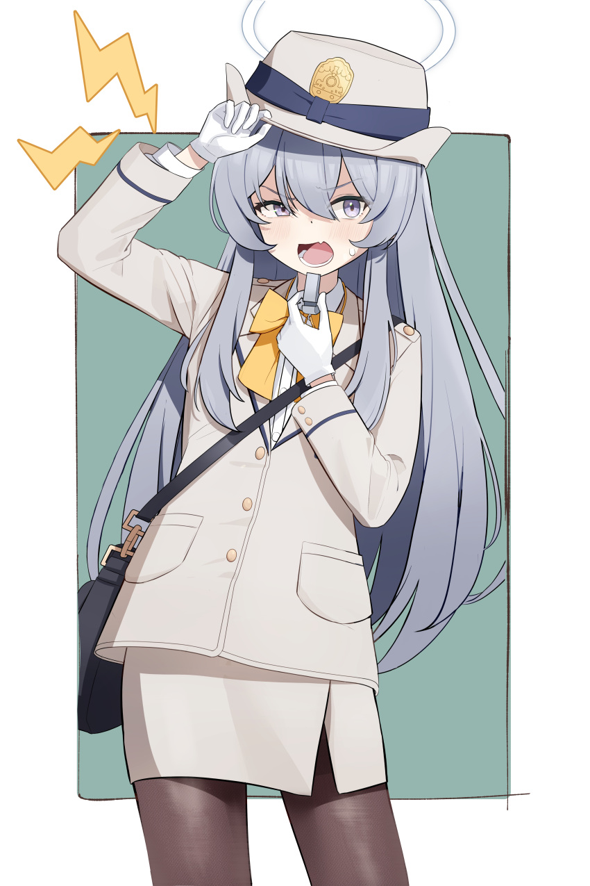 1girl absurdres black_pantyhose blue_archive cowboy_shot extra gloves grey_eyes grey_hair halo hat highres holding holding_whistle jacket long_hair long_sleeves looking_at_viewer open_mouth pantyhose patanda shirt solo whistle white_gloves white_headwear white_jacket white_shirt