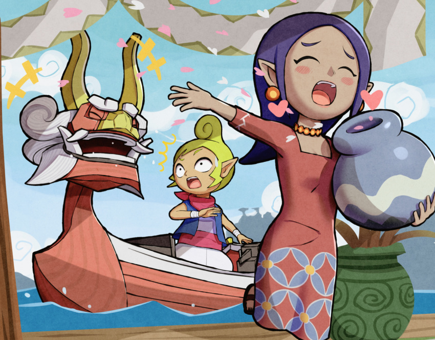 2girls bandana banner blonde_hair blue_vest blush_stickers boat closed_eyes dress earrings gonzarez heart holding holding_jar jar jewelry long_hair multiple_girls necklace official_style open_mouth outstretched_arm pants petals pink_dress ponytail purple_hair purple_shirt red_bandana sandals shirt short_hair sue-belle teeth tetra the_king_of_red_lions the_legend_of_zelda the_legend_of_zelda:_the_wind_waker unusually_open_eyes upper_teeth_only vest watercraft white_pants