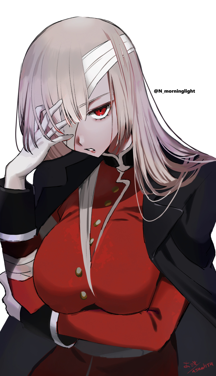 absurdres asakou_(n_morninglight) bandages belt breasts fate/grand_order fate_(series) florence_nightingale_(fate) gloves highres large_breasts lipstick makeup one_eye_covered red_eyes simple_background white_background white_gloves white_hair