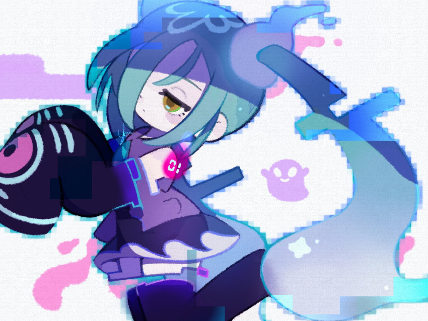 1girl black_skirt black_sleeves black_thighhighs blue_hair closed_mouth commentary_request detached_arm detached_legs detached_sleeves floating ghost_miku_(project_voltage) glitch gradient_hair grey_shirt hair_over_one_eye half-closed_eyes hands_up hatsune_miku highres long_hair multicolored_hair pale_skin pokemon print_sleeves project_voltage see-through see-through_skirt shirt skirt sleeveless sleeveless_shirt sleeves_past_fingers sleeves_past_wrists solo thigh-highs twintails very_long_hair vocaloid white_background white_hair yellow_eyes yukino_super