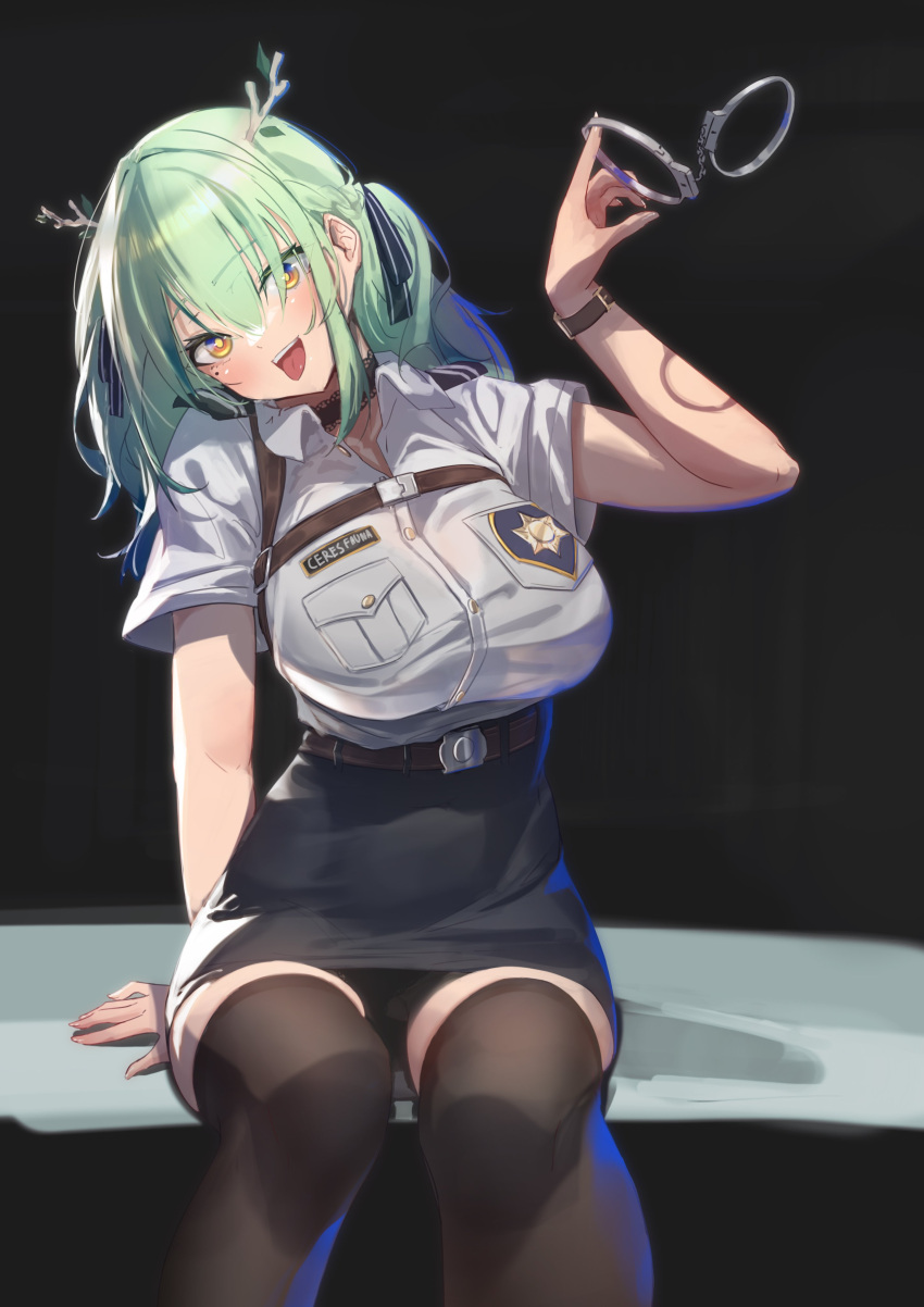 1girl absurdres black_thighhighs blush breasts ceres_fauna chest_harness choker cuffs green_hair hair_ribbon handcuffs harness high-waist_skirt highres holding holding_handcuffs hololive hololive_english large_breasts medium_hair midorimae mole mole_under_eye open_mouth police police_uniform policewoman ribbon simple_background sitting skirt thigh-highs tongue tongue_out twintails uniform virtual_youtuber watch watch yellow_eyes