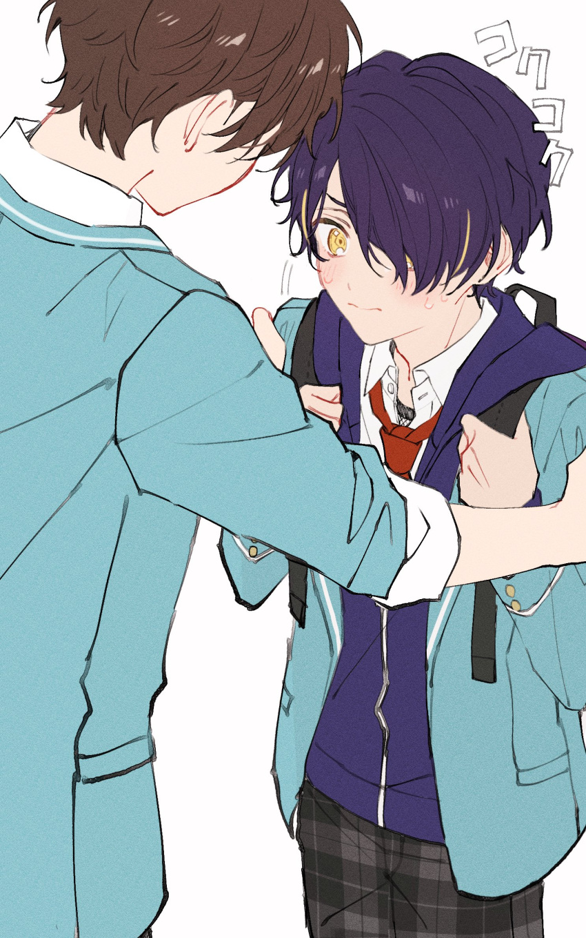 2boys backpack bag blazer blonde_hair blue_jacket blush closed_mouth collared_shirt commentary_request cowboy_shot ensemble_stars! hair_over_one_eye hands_on_another's_arms hands_up highres hood hood_down jacket long_sleeves male_focus morisawa_chiaki multicolored_hair multiple_boys necktie one_eye_covered open_clothes open_collar open_jacket oshi_cutepm pants plaid plaid_pants red_necktie school_uniform sengoku_shinobu shirt short_hair simple_background sleeves_rolled_up streaked_hair translation_request two-tone_hair white_background yellow_eyes yumenosaki_school_uniform zipper
