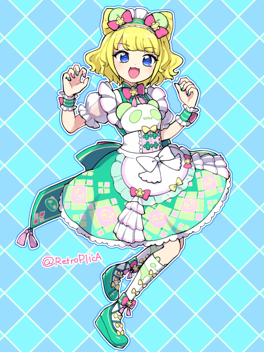 1girl :d animal_ears animal_print bear_ears blonde_hair blue_eyes blunt_bangs bow claw_pose commentary_request cone_hair_bun curly_hair double_bun dress fake_animal_ears frilled_dress frills full_body green_dress green_footwear green_hairband green_nails hair_bun hairband hands_up highres idol_clothes looking_at_viewer minami_mirei nail_polish nana_(retroplica) open_mouth pink_bow pink_nails pretty_(series) pripara puffy_short_sleeves puffy_sleeves short_hair short_sleeves smile socks solo standing twitter_username wrist_cuffs