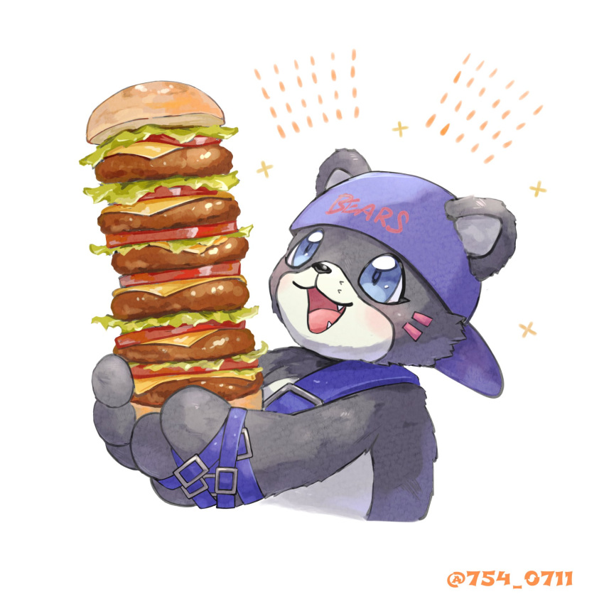 1other artist_name bear bearmon belt burger digimon digimon_(creature) food highres holding holding_food nagoshi no_humans open_mouth sandwich simple_background solo upper_body white_background