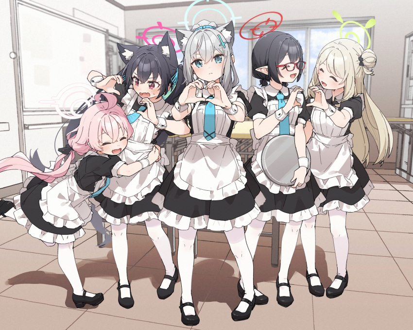 5girls ahoge alternate_costume animal_ear_fluff animal_ears apron ayane_(blue_archive) black_dress black_footwear black_hair blue_archive blue_eyes blue_halo blue_necktie blush cat_ears closed_eyes closed_mouth commentary_request cross cross_hair_ornament dress enmaided extra_ears fang foreclosure_task_force_(blue_archive) frilled_apron frilled_dress frills full_body glasses green_halo grey_hair hair_between_eyes hair_bun hair_ornament halo hands_up heart heart_hands heart_hands_duo highres holding holding_tray hoshino_(blue_archive) hug indoors inverted_cross leg_up light_brown_hair long_hair looking_at_another looking_at_viewer maid maid_apron mismatched_pupils multiple_girls necktie nonomi_(blue_archive) open_mouth pantyhose pink_eyes pink_hair pink_halo pointy_ears red-framed_eyewear red_halo serika_(blue_archive) shiroko_(blue_archive) short_hair short_sleeves sidelocks single_hair_bun single_side_bun skin_fang smile standing standing_on_one_leg sweatdrop tray white_pantyhose white_wrist_cuffs wolf_ears wrist_cuffs yukie_(kusaka_shi)