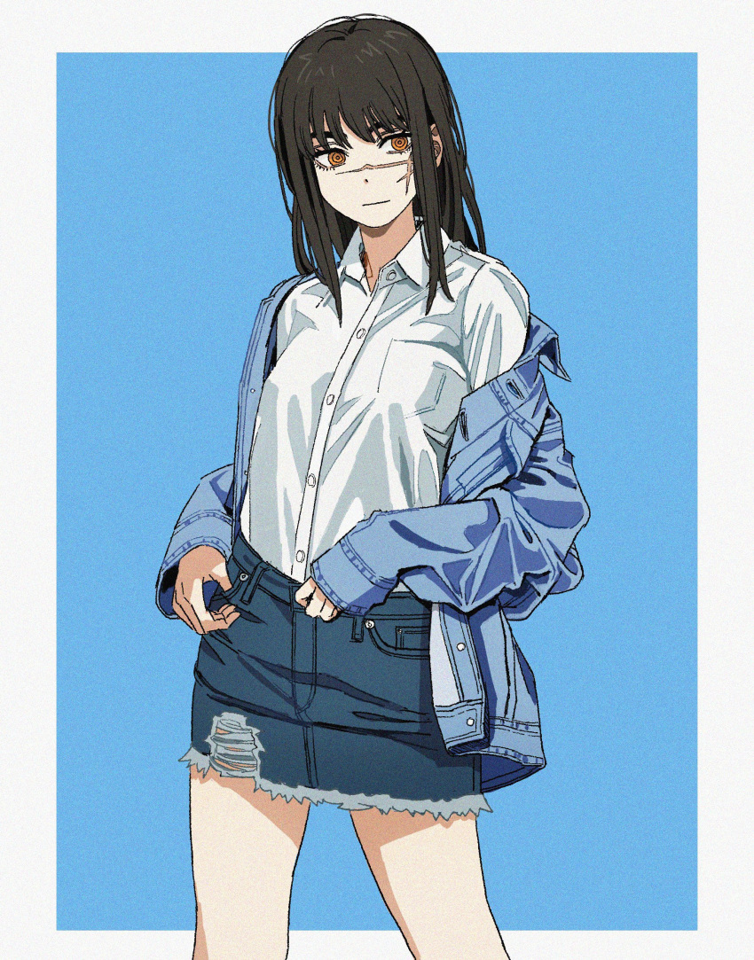 1girl absurdres alternate_costume black_hair blue_jacket breasts chainsaw_man denim denim_skirt feet_out_of_frame highres jacket jacket_partially_removed light_smile medium_breasts orange_eyes ringed_eyes scar scar_on_face shiren_(ourboy83) shirt shirt_tucked_in simple_background skirt solo two-tone_background white_shirt yoru_(chainsaw_man)