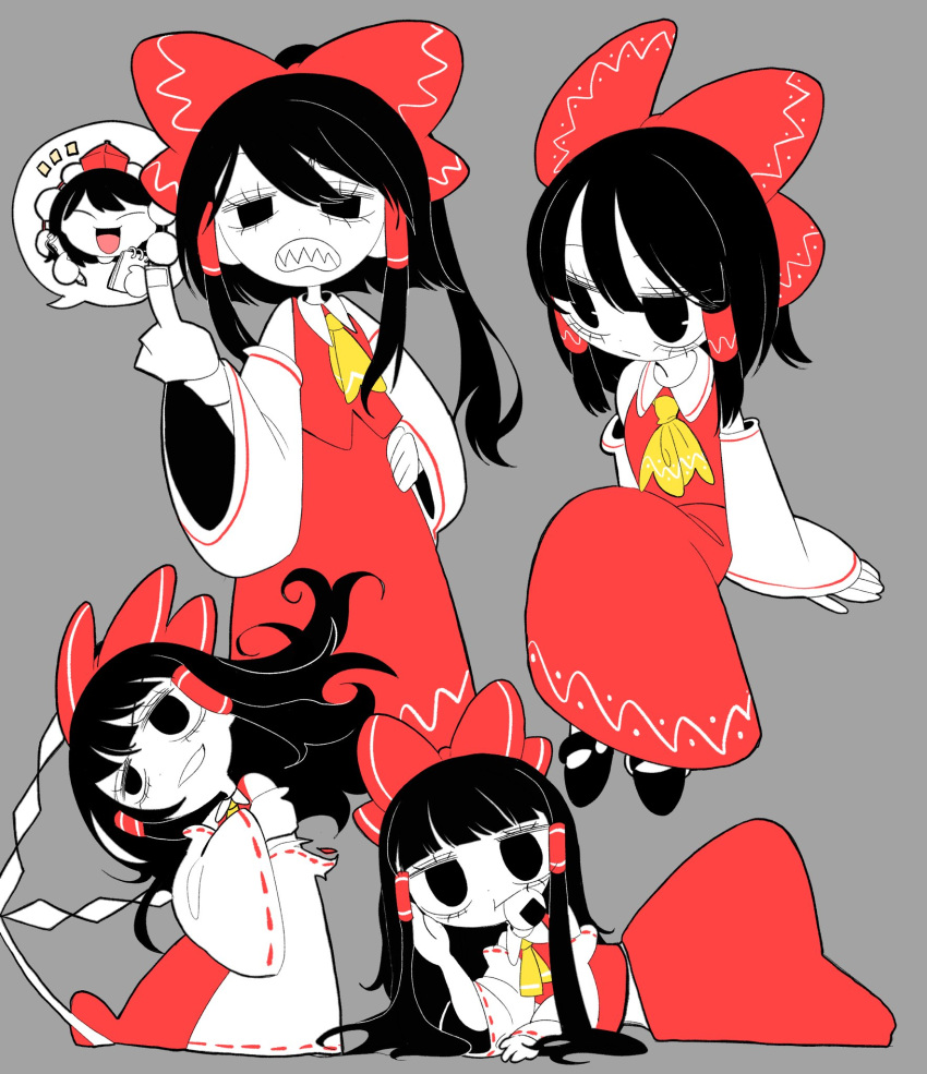2girls :/ ^_^ arm_support black_eyes black_footwear black_hair bow closed_eyes colored_skin detached_sleeves dmebgsa3 food food_in_mouth gohei grey_background hair_bow hair_down hair_tubes hakurei_reimu half-closed_eyes hand_on_own_head hand_on_own_hip hand_on_own_shoulder high_ponytail highres invisible_chair jitome leaning_to_the_side long_hair long_skirt middle_finger midriff_peek multiple_girls multiple_views neckerchief onigiri reclining red_bow red_shirt red_skirt sanpaku scowl shameimaru_aya sharp_teeth shide shirt sidelocks sitting skirt sleeveless sleeveless_shirt spoken_character teeth touhou white_skin wrist_cuffs yellow_neckerchief